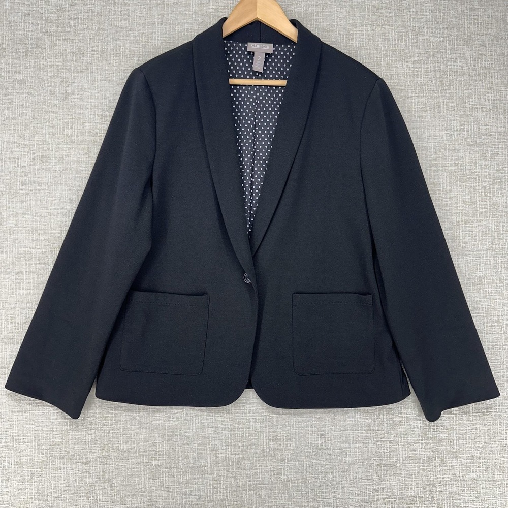 Chico's Blazer Womens 2 (L/12) Black Knit One Button Shawl Collar Lined Stretch